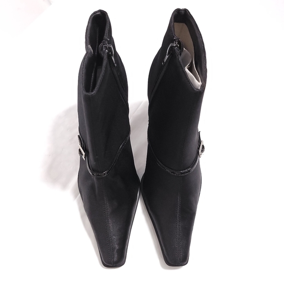 NEW Satin Lotus Black Pointed Toe Ankle Boot Bootie Rhinestone Buckle Sz 7.5 - Picture 5 of 10